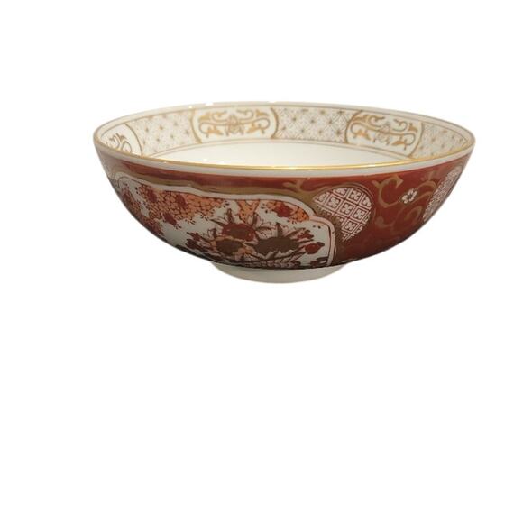 Vintage Porcelain Bowl Gold Imari Hand-Painted Sz 8.5" Asian Decor Red & White - Picture 4 of 16